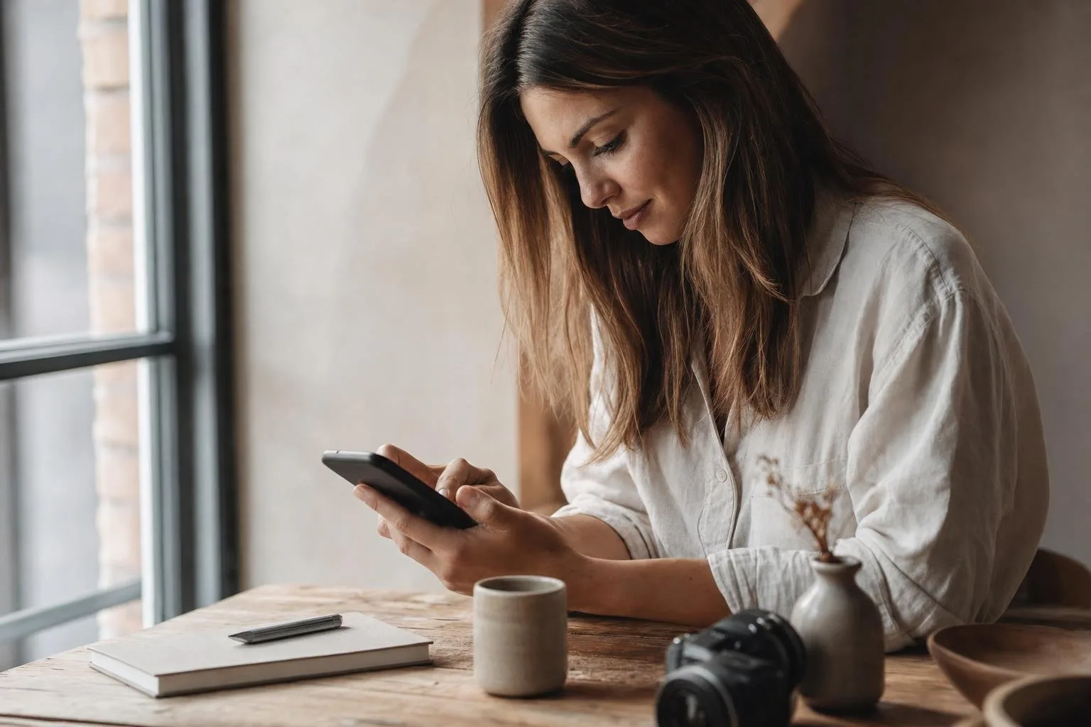 Content creator's desk with a phone on a tripod, ring light, and a laptop showing analytics